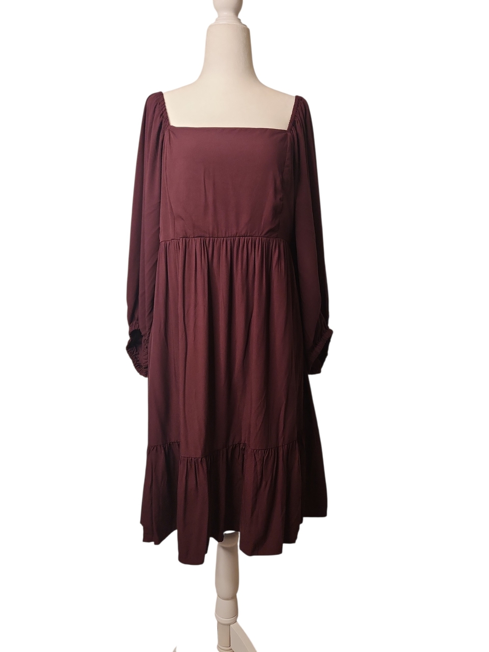 NWOT Nine West Burgandy Square-Neck Babydoll Boho Long Sleeve Dress Size XL